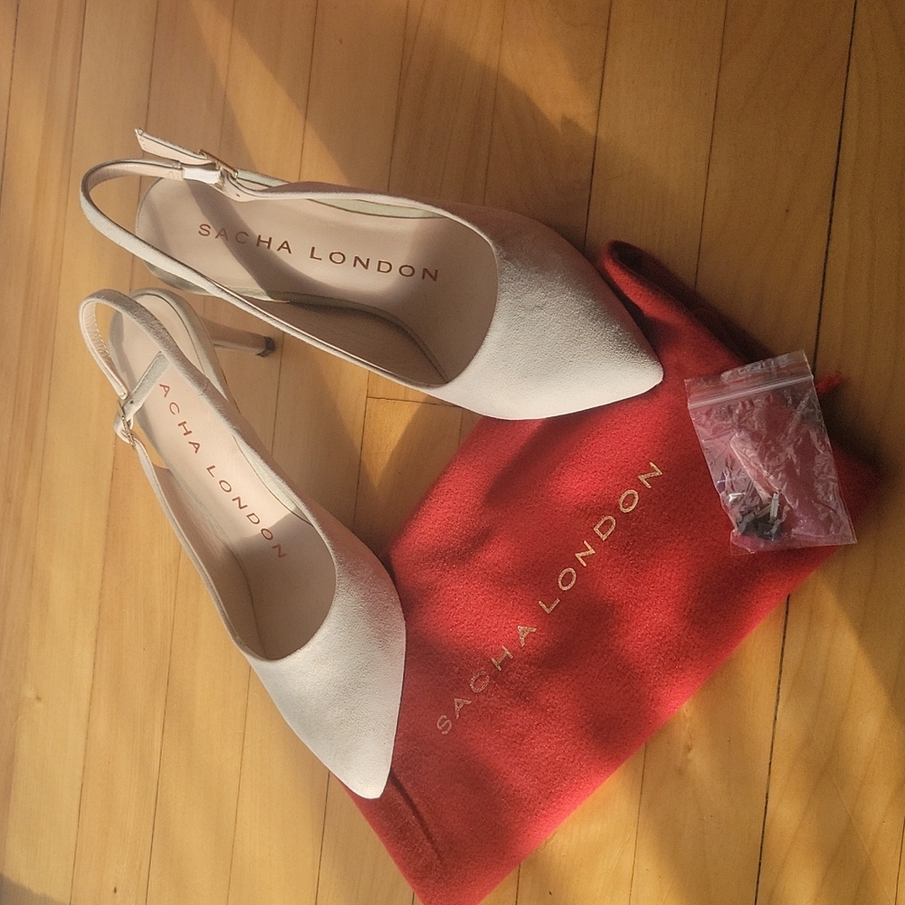 Handmade slingback seude pointed toe heels in nude